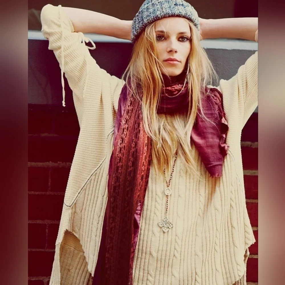 Free People New Romantics Lace-Up Sleeve High Low Boho Knit Thermal Top S